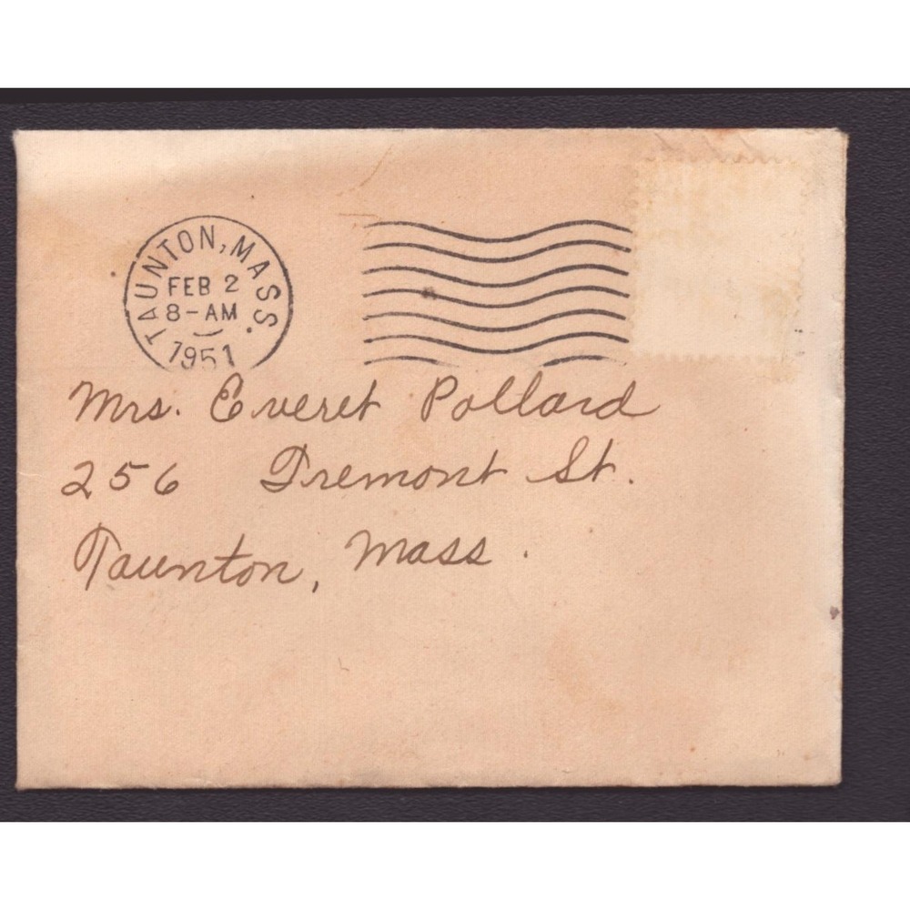 1951 Postmarked Cover Taunton MA CDS Wavy Cancel to Mrs Everett Pollard - Picture 1 of 2